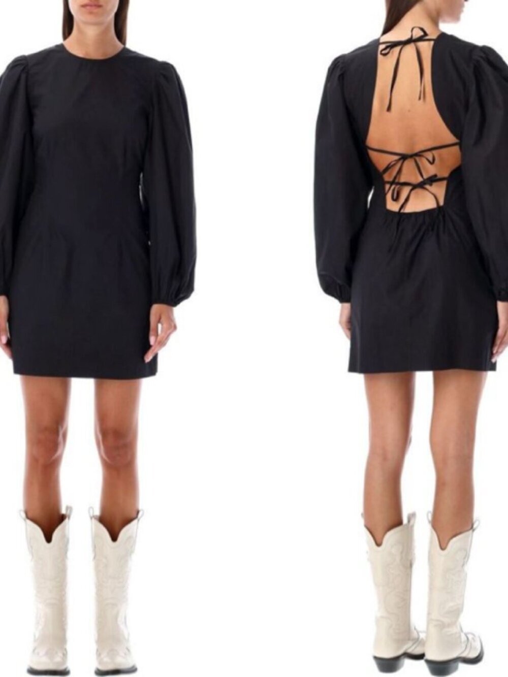 NEW Ganni Black Open Back Poplin Long Sleeve Mini Dress 34 / XS